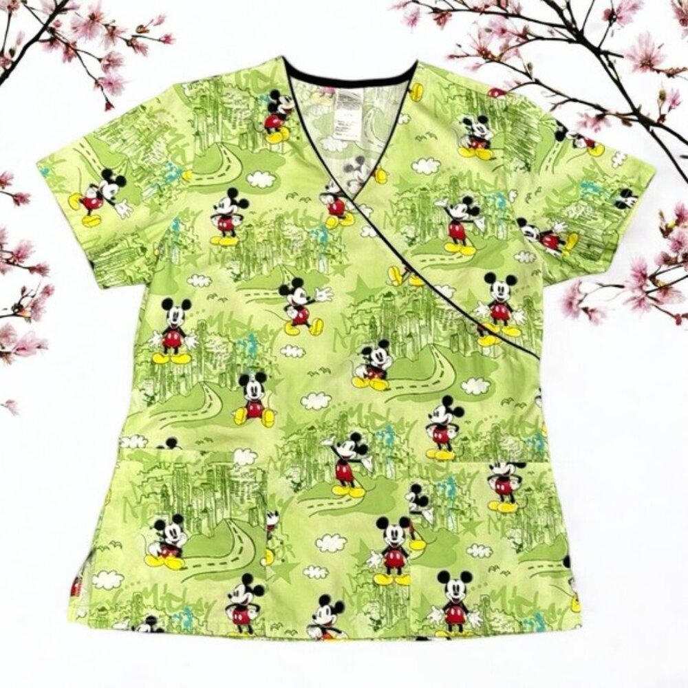 Disney World Mickey Mouse Green Graphic Nurse Medical Scrub Short Sleeve Top SM